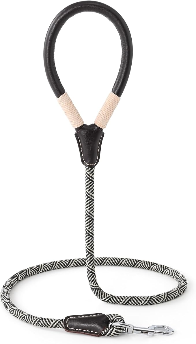 Mile High Life Dog Leash with Genuine Leather Handle, 4/5/6 FT | Comfortable Leather Grip Rope Leash, Heavy Duty 360° Swivel Metal Clasp, for Small Medium & Large Dogs (Khaki White, 60 Inch)