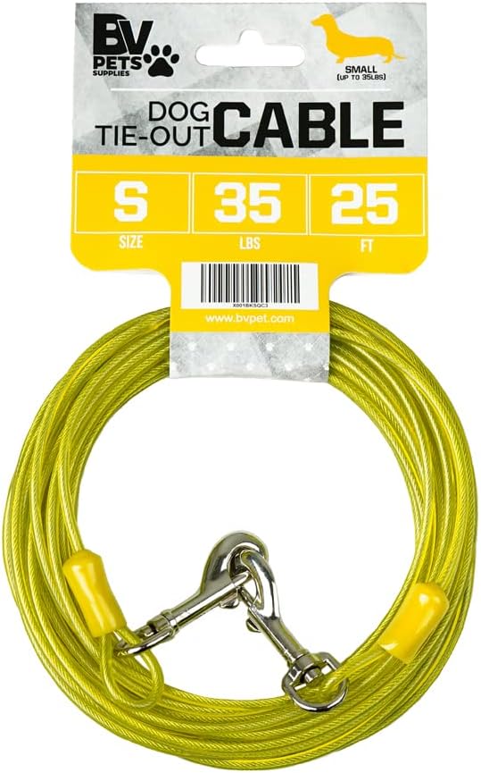 BV Dog Tie Out Cable 25 Feet - Heavy Duty Dog Lead Up to 35 Pounds - Reflective & Rust-Free with Quick Release Swivel Clips & 360° Rotating Clasp - Tangle-Free Dogs Runner for Yard (Yellow, Single)