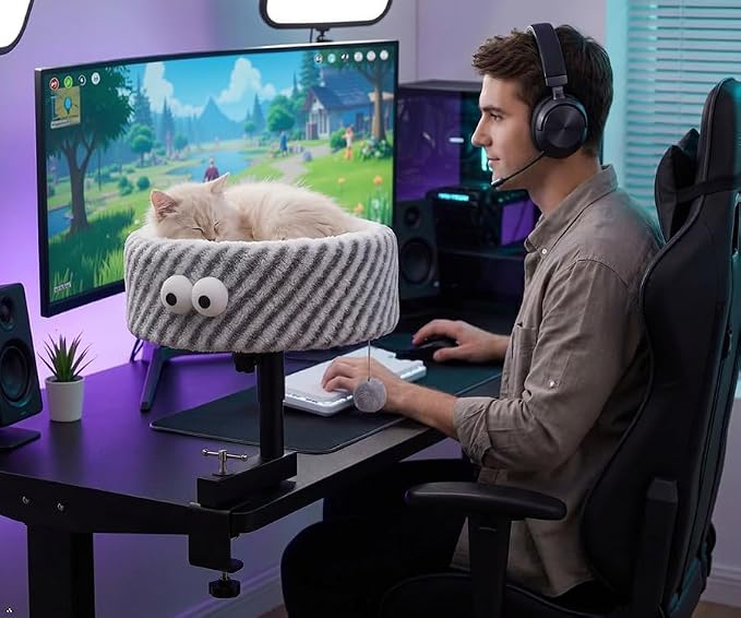 Cat Desk Bed, 2-in-1 Clamp On Desk Mount Perch & Nest, 360° Rotating Adjustable, 60 LBS Safe Weight Capacity, Washable Cushion for Small & Large Cats, Home Office Desk Hammock (Gray)