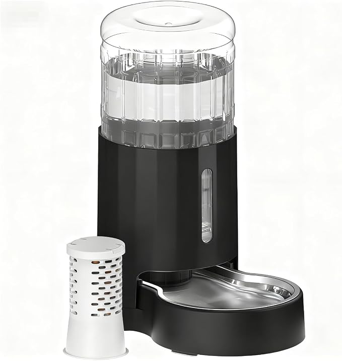 CZPET Automatic 4L Filter Dog and Cat Water Dispenser with Stainless Steel Bowl Gravity Waterer,Large Capacity and Drinking Area Noise-Free for Pets (Black) | With Stainless Steel Bowl Gravity Waterer, Large Capacity and Drinking Area Noise-Free for Pets