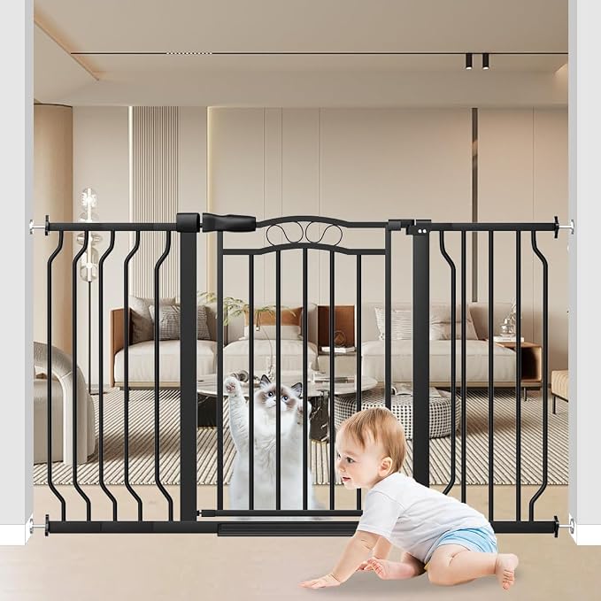 Baby Gate for Stairs 29.53"-53.1" Extra Wide, Pressure Mounted Dog Gate Indoor, Walk Thru Pet Gate for Dog Child,Pet Gates for The House Doorway Black