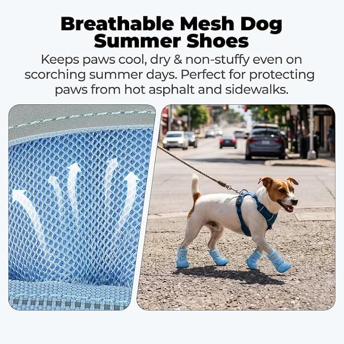 Summer Dog Boots, Breathable Mesh Doggy Shoes Paw Protectors for Hot Pavement, Anti Slip and Reflective Foot Protectors for Indoor Outdoor, Blue, Size 0
