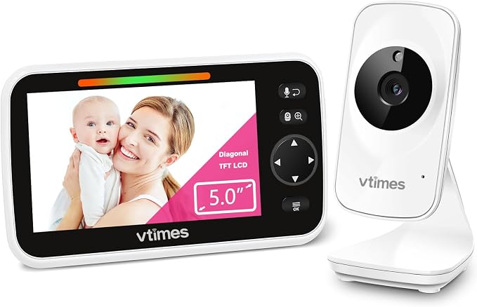 VTimes Baby Monitor Video Baby Monitor with Camera and Audio No WiFi 5" LCD Screen, Two-Way Audio, Night Vision,1000ft Range, 2X Zoom Temperature Display, Lullaby Elderly Pet