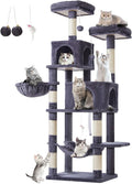 Taoqimiao Cat Tree, 66.2 in Tall Cat Tower with 2 Plush Cat Condos | 7 Scratching Posts, 2 Top Perches, Cozy Hammock & Basket, Indoor Cats, 2 Pompoms & Mouse Toy, Smoky Gray, MS013G