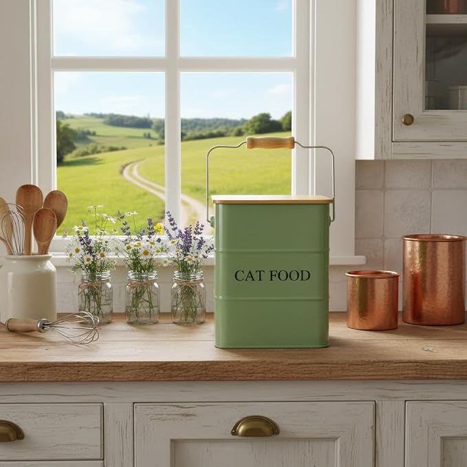 Morezi Cat food storage container storage bin with wooden lid scoop included green metal cat food container in kitchen countertop