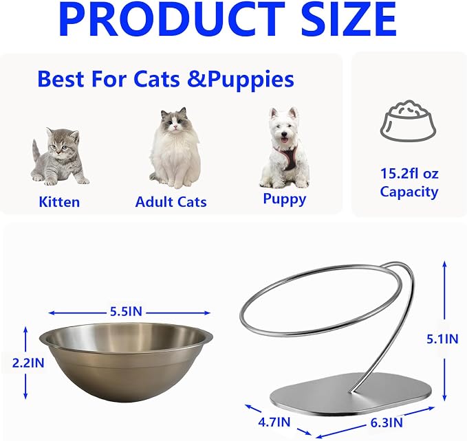 Elevated Cat Food Bowl 15° Tilt Stainless Steel,1PC | Elevated Cat Bowls, detachable stand, and stainless steel bowl. Reduces neck strain, slows eating, prevents spills