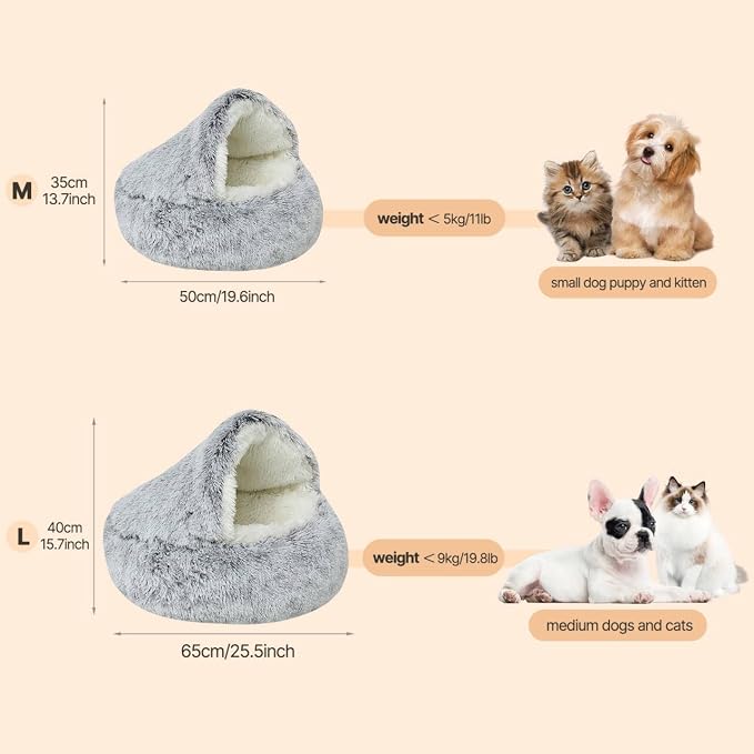 YUDANSI Cat Bed Hooded for Indoor Cats, Dog Bed with Large Covered Hood for Small Dogs Cats Puppy Kitty, Anti Anxiety Donut Cuddler, Anti Slip Plush Faux Fur Enclosed Pet Nest (Washable)(Gray-20inch)