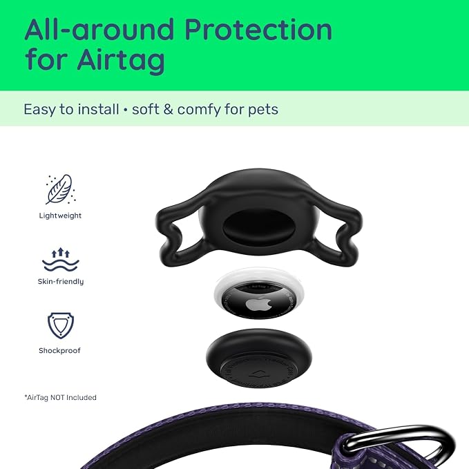 Airtag Dog Collar, Reflective Ultra-Durable Nylon Padded with QR Buckle & IP68 Waterproof Air Tag Holder Compatible for Apple AirTag, Comfortable for Small Medium Large Dogs (Purple,XL)