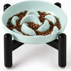 Elevated Slow Feeder Cat Bowl - Melamine Cat Food Plate with Anti-Slip Metal Stand - Raised Maze Dish for Slow Eating - Pale Blue
