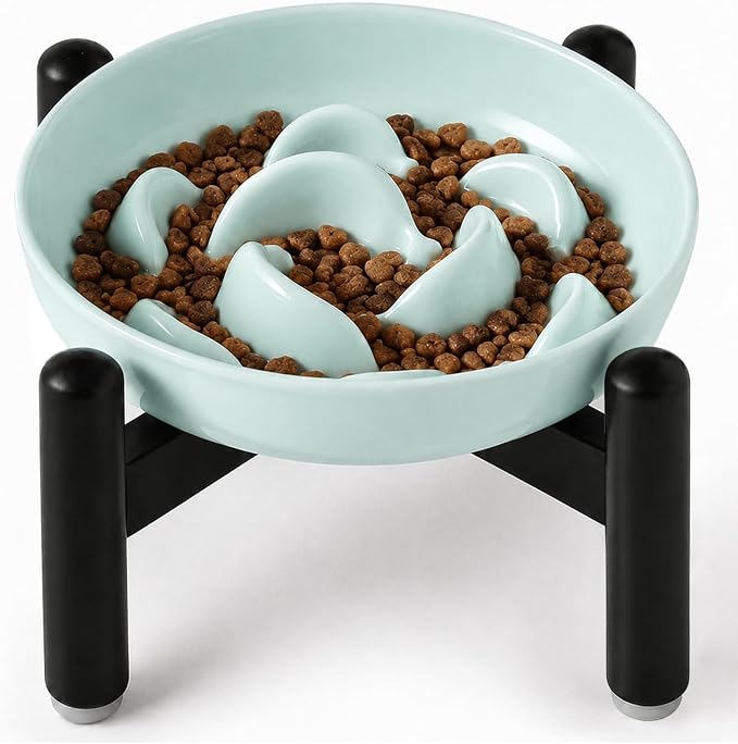 Elevated Slow Feeder Cat Bowl - Melamine Cat Food Plate with Anti-Slip Metal Stand - Raised Maze Dish for Slow Eating - Pale Blue