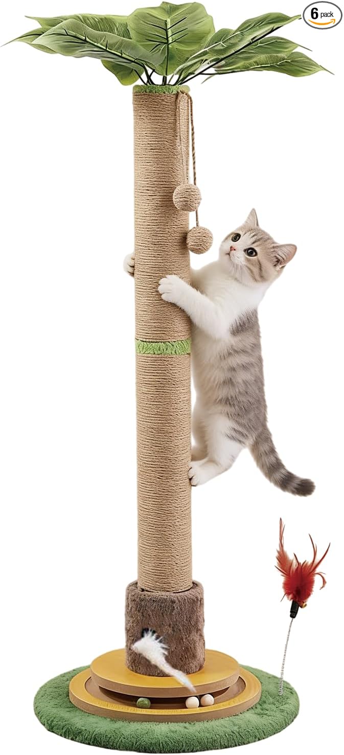 44" Tall Palm Tree Cat Scratching Post with Sisal Rope,Dangling Balls,Natural Healthy Catnip Balls,Cat Toy Mouse Hole,Interactive Wooden Ball & Cats Wand for Indoor Cats Adults and Kitten