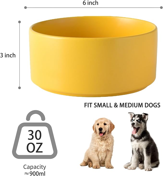 6'' Ceramic Dog Bowl - 30Oz Classic Dogs Food & Water Bowl for Small and Medium Breed Dogs, Heavy Duty Non-Slip Dog Dishes, Food Grade Stoneware Pet Bowl, Dishwasher & Microwave Safe, Yellow