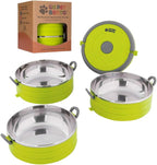 Healthy Human Travel Pet Bento Bowls - Human-Grade Stainless Steel & BPA-Free, Leak-Proof Water & Food Container Set for Dogs & Cats, 3-Pack Interlocking Bowls, Includes Spare Clips & Handle (Green)