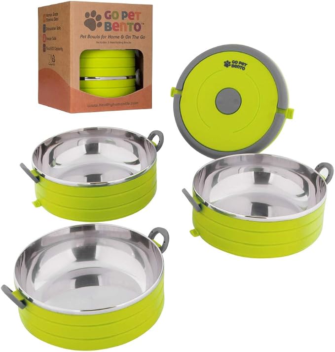 Healthy Human Travel Pet Bento Bowls - Human-Grade Stainless Steel & BPA-Free, Leak-Proof Water & Food Container Set for Dogs & Cats, 3-Pack Interlocking Bowls, Includes Spare Clips & Handle (Green)