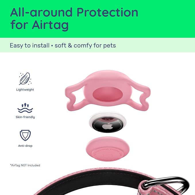 Airtag Dog Collar, Reflective Ultra-Durable Nylon Padded with QR Code Buckle & IP68 Waterproof Air Tag Holder Compatible for Apple AirTag, Comfortable for Small Medium Large Dogs (Pink, XS)
