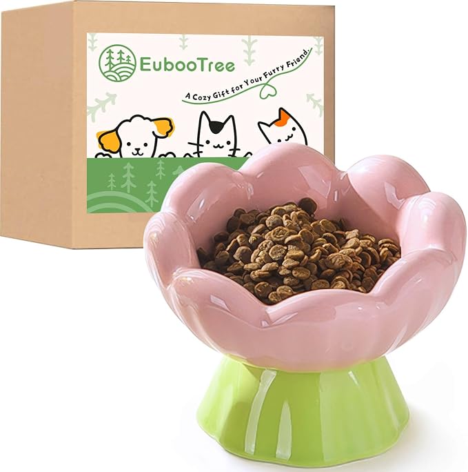Ceramic Raised Cat Bowl Elevated, Tall & Tilted, Anti-Vomiting, Non-Slip, Cute Flower Cat Food Bowls for Dry Wet Food and Water, for Small Indoor Cats, Pink