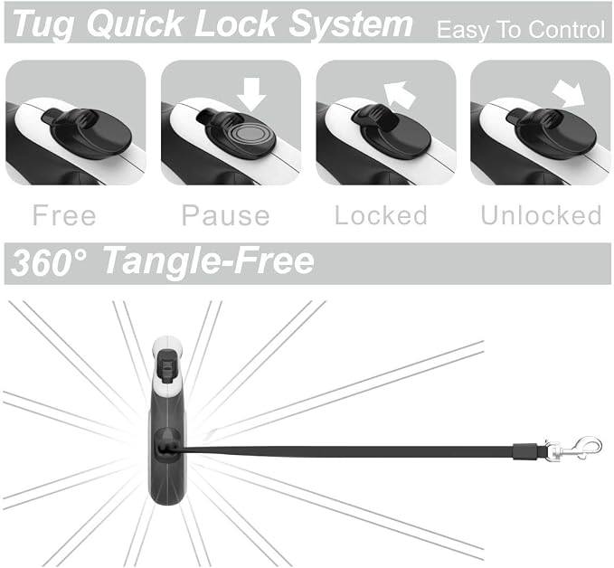 TUG 360° Tangle-Free Retractable Dog Leash with Anti-Slip Handle | 16 ft Strong Nylon Tape | One-Handed Brake, Pause, Lock (Small, White)