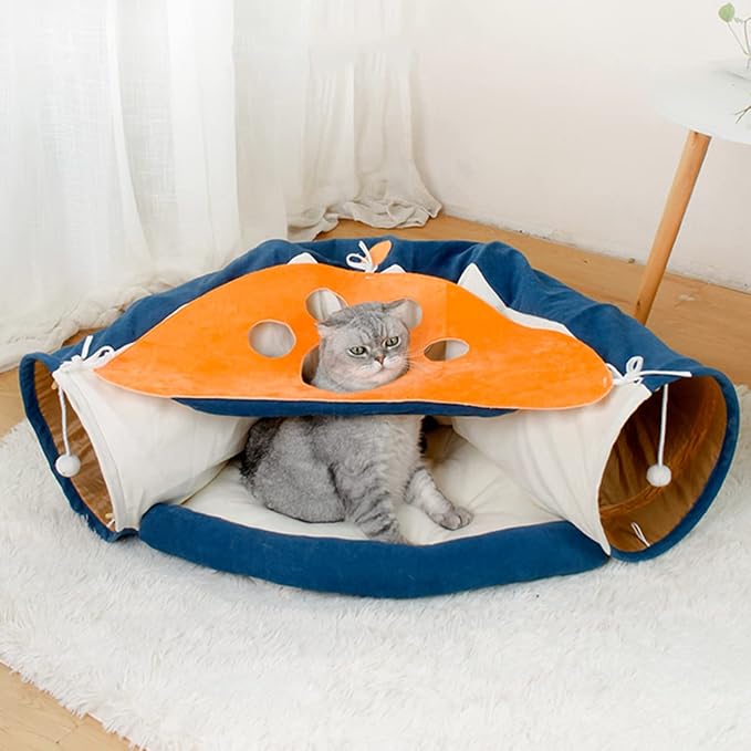 LEFTSTARER 2-in-1 Collapsible Cat Tunnel for Indoor Bed and Hideout - Pet Dog Rabbit Bunny Ferret Tunnel Tubes Toys with Removable Washable Mat, Tower Wheel Stuff