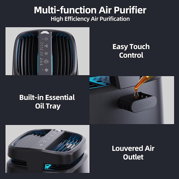 POMORON Air Purifiers for Home with Negative Ion and UV, MJ002H, Black | Negative Ion Function, UV Function, True H13 Filter, 8/12/24 hours Timer, Fragrance Diffuse