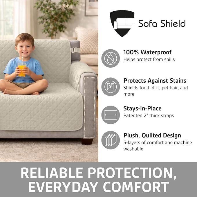 Sofa Shield 100% Waterproof Couch Cover with Patented Straps, Slip & Stain Resistant Furniture Protector, Machine Washable Sofa Slipcover for Dogs Cats Pets Kids, 28 inch Seat, Large Recliner, Taupe