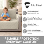Sofa Shield 100% Waterproof Couch Cover with Patented Straps, Slip & Stain Resistant Furniture Protector, Machine Washable Sofa Slipcover for Dogs Cats Pets Kids, 28 inch Seat, Large Recliner, Taupe
