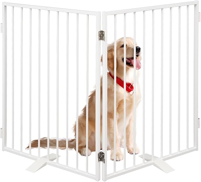 Full Metal Freestanding Dog Gates 2 Panels 32" Tall Up to 48" Wide | White Dog Gate for Indoor & Outdoor, Extra Wide Free Standing Dog Barrier No Drilling Pet Gates for Doorways, Stairs, Deck