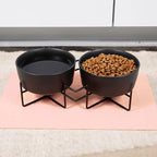 Waggo Simple Solid Double Dog Bowl and Dog Bowl Stand - Double Iron Stand with Double Ceramic Feeder or Water Bowl, Small or Large Dog Elevated Pet Feeder (Matte Black, Medium)