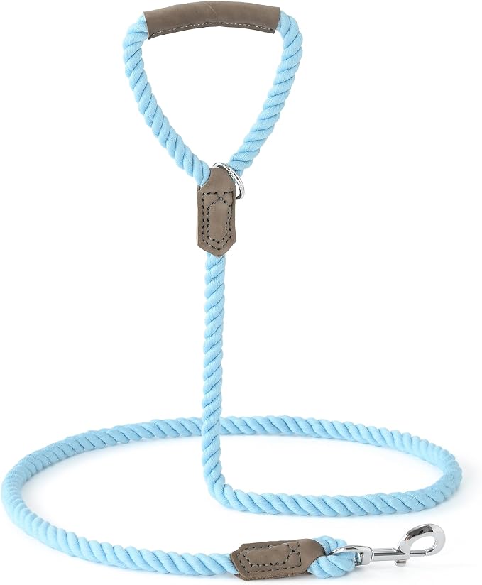 Mile High Life Dog Leash Braided Cotton Rope w/Leather-Wrapped Ends/Handle | Rust-proof 360° swivel clasp, Heavy-duty for medium/large breeds. Great for weddings, daily walks (6 FT, 1/2", Sky Blue)
