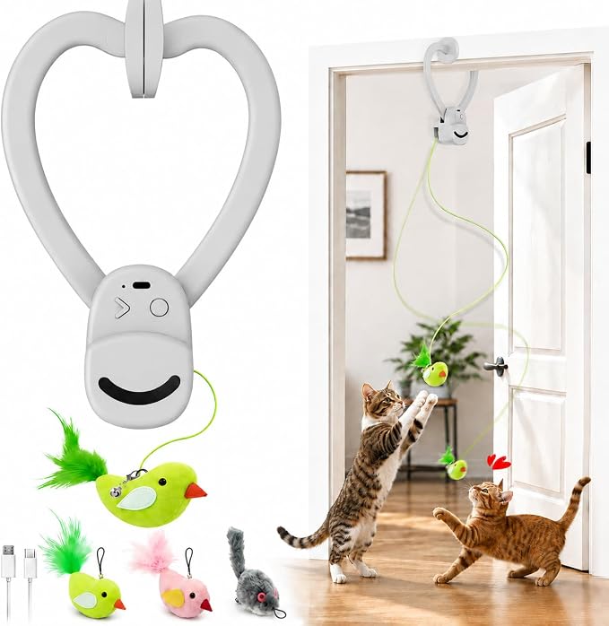Interactive Cat Toys for Indoor Cats, Clip-On Automatic Flying Bird | USB Rechargeable Self-Play with Interchangeable Bird & Mouse Attachments for Bored Kittens and Adult Cats