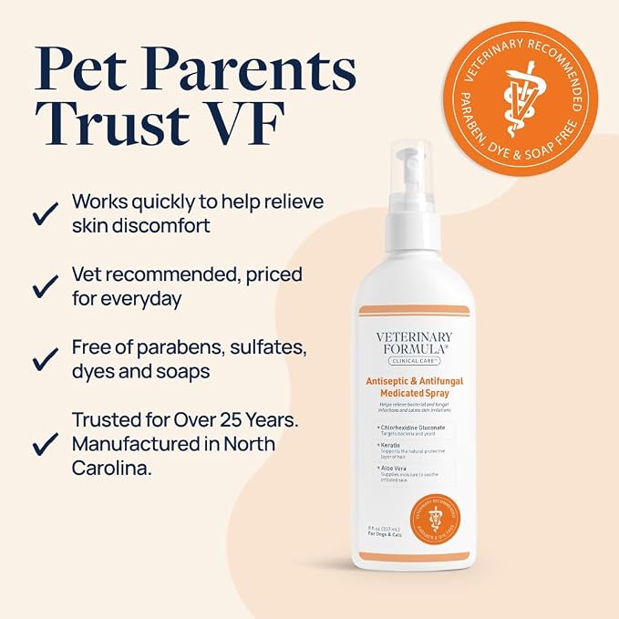 Veterinary Formula Clinical Care Antiseptic/Antifungal Spray, 8 oz, 2-Pack | Two 8 oz medicated sprays for dogs and cats with antiseptic and antifungal care for scaly, greasy, red or odor-prone skin