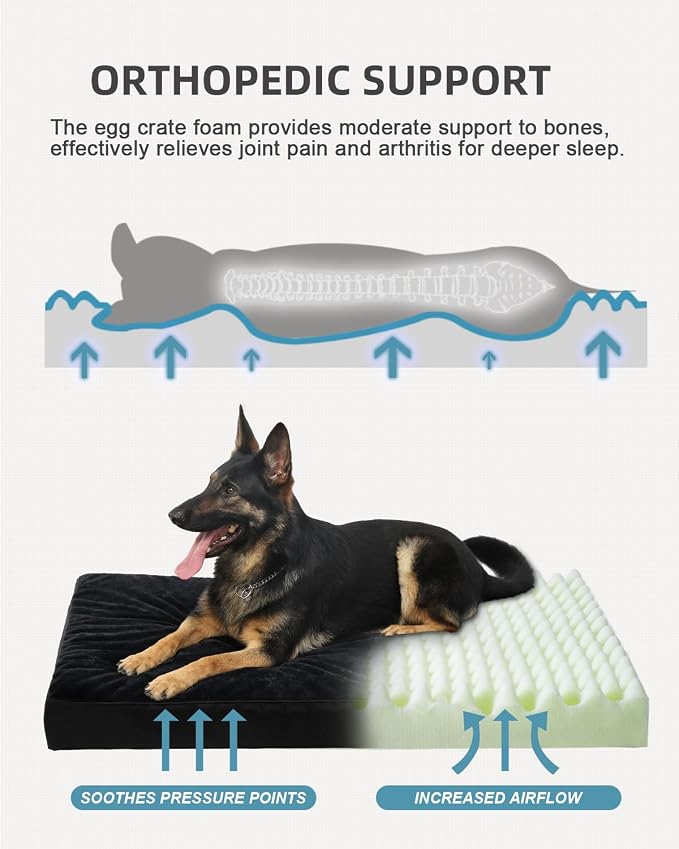 KSIIA Orthopedic Dog Bed for Extra Large Dogs with Waterproof, Black, 47x29 | Deluxe Soft Plush Dog Crate Bed, Washable Pet Mat with Removable Cover & Egg Crate Foam for Extra Large Dogs Sleeping