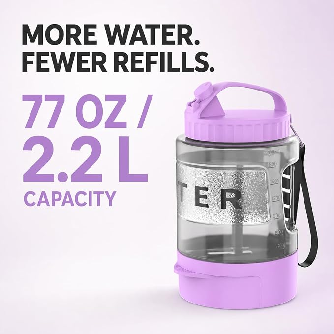 Portable Dog Water Bottle with Travel Bowl, 77 oz/2.2 L, Purple | 2-in-1 portable dog water bottle with pull-out bowl; BPA-free plastic, silicone seal, wide mouth and grip for hikes or travel