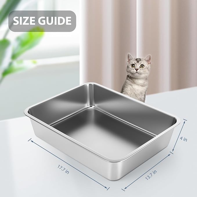 WENBOKMIN Stainless Steel Cat Litter Box - Litter Box for Cats - Easy to Clean, Never Absorbs Odor, Stains, or Rusts - Silver (17.7" L x 13.5" W x 4" H)