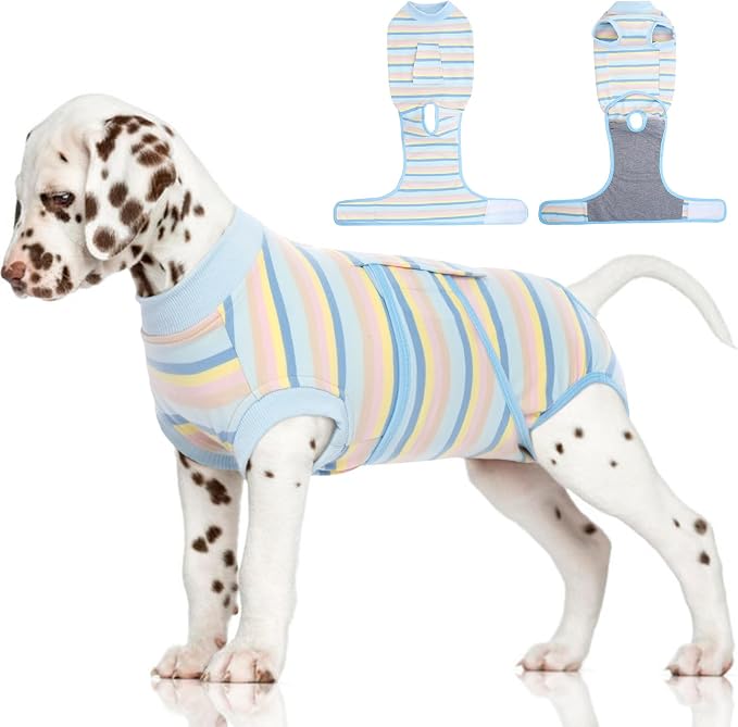 FUAMEY Dog Surgery Recovery Suit, Surgical Suit for Dogs Onesie for Surgery | Cone Alternative after Surgery, Abdominal Wound Protector, Onesie for Dogs after Surgery Spay Neuter, Blue Yellow Stripes S