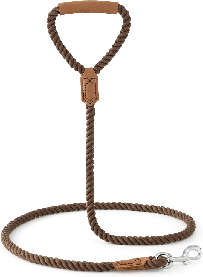 Mile High Life Dog Leash Braided Cotton Rope w/Leather-Wrapped Ends/Handle | Rust-proof 360° swivel clasp, Heavy-duty for medium/large breeds. Great for weddings, daily walks (4 FT, 1/2", Camel)