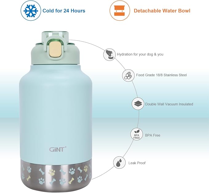 GiNT 37oz Insulated Stainless Steel Dog & Human Water Bottle | Leakproof Travel Dispenser with Detachable 10oz Bowl, 24H Cold/12H Hot, Carrying Case for Walking, Hiking,Camping & Outdoor Travel(Green)