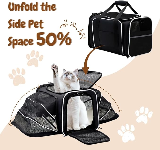 Double Expandable Cat Carrier,Airline Approved Soft-Sided Pet Travel Carrier for Small Dogs Cats Under 15 lbs,Waterproof 600D Oxford Fabric with Washable Replacement Liner,Odor-Free & Claw-Proof Black