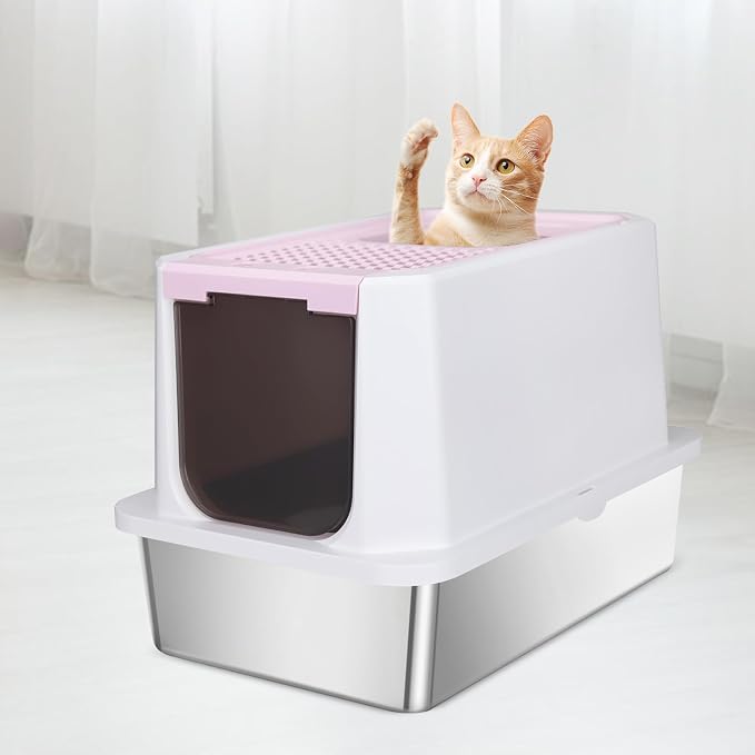 RIZZARI Stainless Enclosed Litter Box: with Scoop & Odor Control | 304 Stainless Basin / Wide Top Opening / Privacy Enclosure / Top & Swing Dual Entry / Anti-Leakage Raised Rim