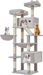 Taoqimiao Cat Tree, 71 in Extra Large Cat Tower for Inddor Cats, MS026LW | 2 Large Cat Condos, 2 Cute Perches, Metal Frame Cozy Hammock, Durable Scratch Board, 8 Natural Sisal Posts, Basket,Light Gray