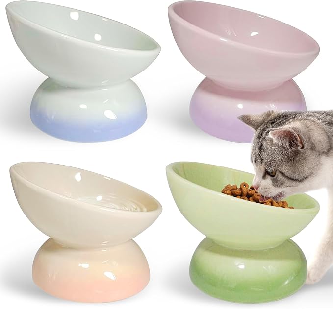 kathson 4 Pcs Ceramic Raised Cat Bowls, Elevated Tilted Cat Food Bowl, Anti Vomiting Pet Food Bowl, Colorful Porcelain Pet Feeder Dish for Cats and Small Dogs, Stress Free(Blue,Green,Purple,Pink)