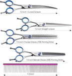 Left Handed Dog Grooming Scissors Kit 7 in Professional Curved Thinning Straight Shears 3pcs Set for Grooming Dogs Cat Pet Japanese 440C Stainless Steel(7.0'' Kit, 4Pcs)
