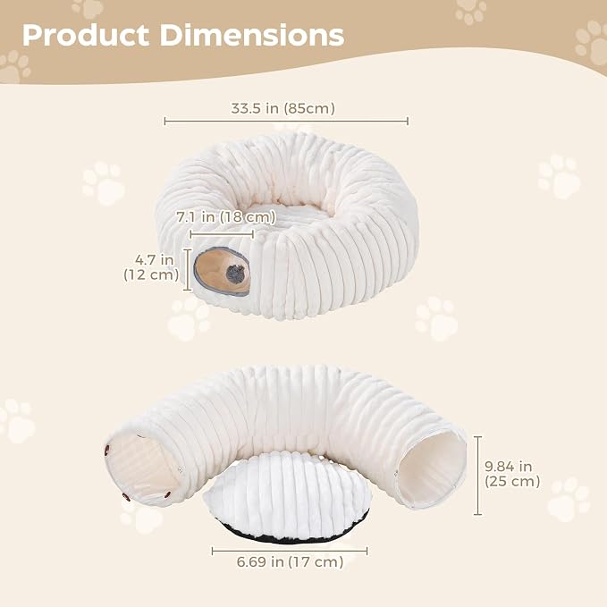 Avont Cat Tunnel Bed for Indoor Cats, Beige | Cat Donut Tunnel Toys | Folds Into a Cozy Bed | 3 Shapes: Donut, C, S | 9.8in Large Cats | 2 Peek Holes & 2 Toy Balls