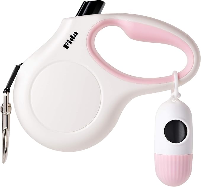 Fida Retractable Dog Leash with Dispenser and Poop Bags, 16 ft Pet Walking Leash for Large Dog up to 110 lbs, Anti-Slip Handle, Tangle Free, Reflective Nylon Tape (L, White)