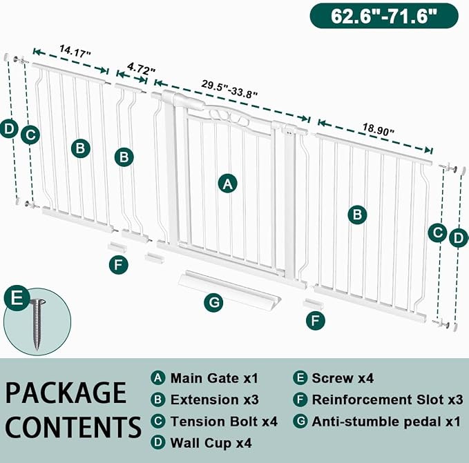 Fairy Baby 62.5"-71.6" Extra Wide Baby Gate for Doorways, Large Long Dog Gate for the House, No Drill Baby Gate for Stairs, Pressure Mounted Toddler Safety Child Gate Auto Close Pet Gate Indoor, White