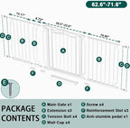 Fairy Baby 62.5"-71.6" Extra Wide Baby Gate for Doorways, Large Long Dog Gate for the House, No Drill Baby Gate for Stairs, Pressure Mounted Toddler Safety Child Gate Auto Close Pet Gate Indoor, White