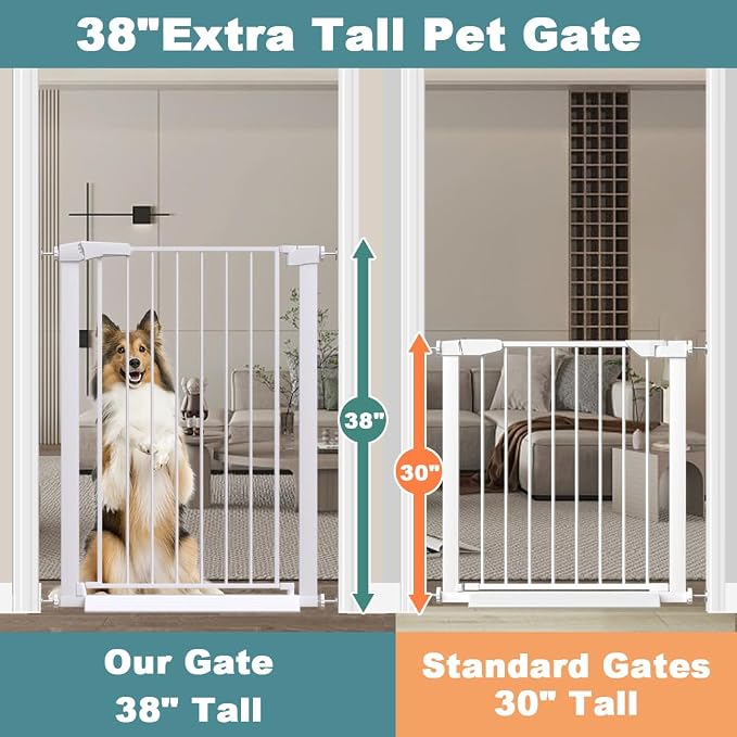 Fairy Baby 38" Extra Tall Baby Gate for Stairs Doorways, Extra Wide 54.4" to 59.8" Safety Dog Gate for House, Auto Close Pressure Mounted Easy Walk Through Pet Gate with Door, White
