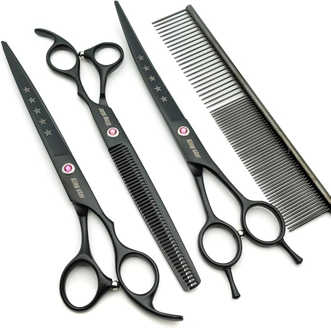KINGSTAR 8.0in. Matt Black Professional Pet Grooming Scissors Set,Straight & Thinning & Curved Scissors Set with Comb,Dog Grooming,A559