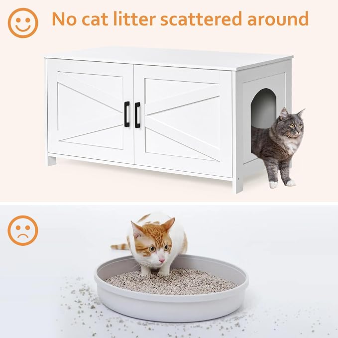 Homhedy 39.4" L Cat Litter Box Enclosure with Barn Door, White | Wooden Cat Washroom Furniture, Cat House, Pet Storage Cabinet, Dog-Proof, Fit Most of Litter Box, Farmhouse Style
