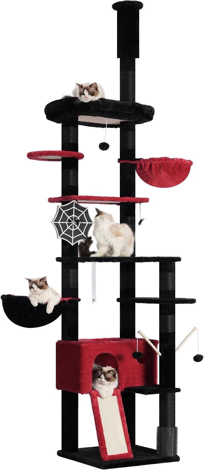 Hey-brother Cat Tree Tower, Adjustable Height, Floor to Ceiling, MPJ091BR | 94.5-106.3 Inches Multi-Level Cat House, Scratching Posts, Plush Condo, Platform, Toy Ball for Indoor Big Cats, Black and Red
