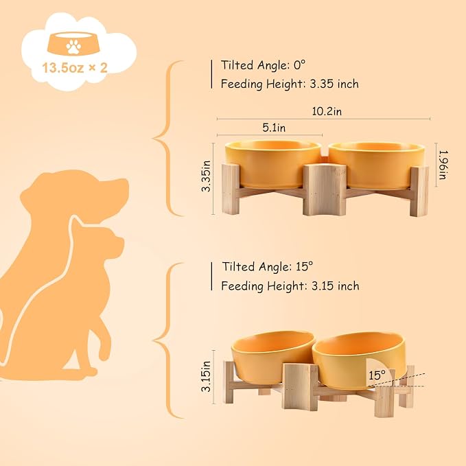 SPUNKYJUNKY 15° Slanted Ceramic Dog and Cat Bowl with Wooden Stand, Tilted Bulldog Food and Water Bowl No Slip Non-Spill for Cats Medium Dogs Big Face Pets 13.5 OZ (1.7 Cups, Yellow × 2)